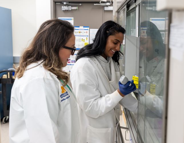 Dr. Analisa DiFeo mentors Medhasri Jasti, an undergraduate researcher in her laboratory.